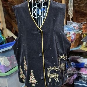 Karen Scott Black Vest with Gold Trim and Festive Design